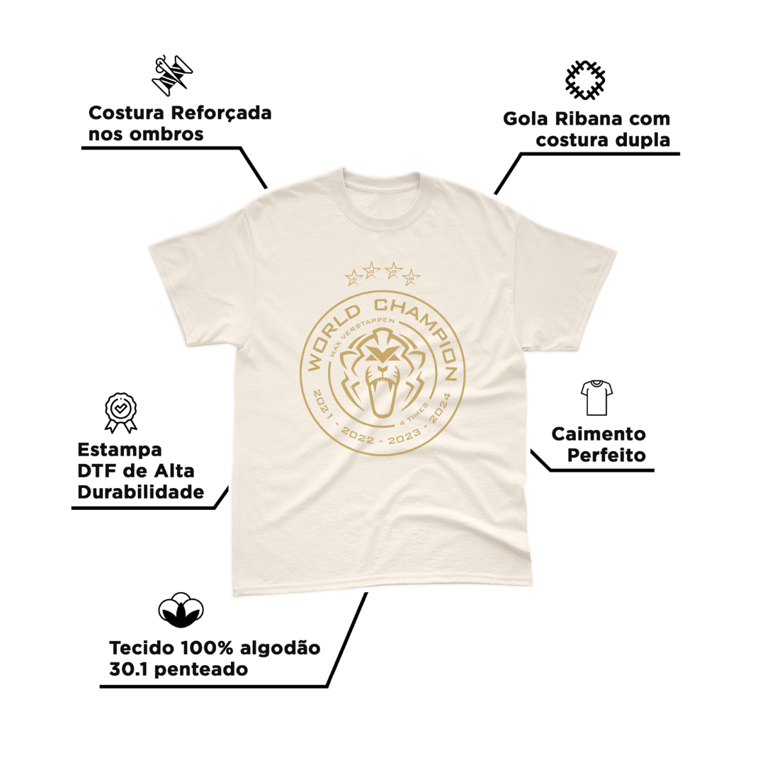Camiseta Max Verstappen Campeão Mundial 2024 Off White Algodão