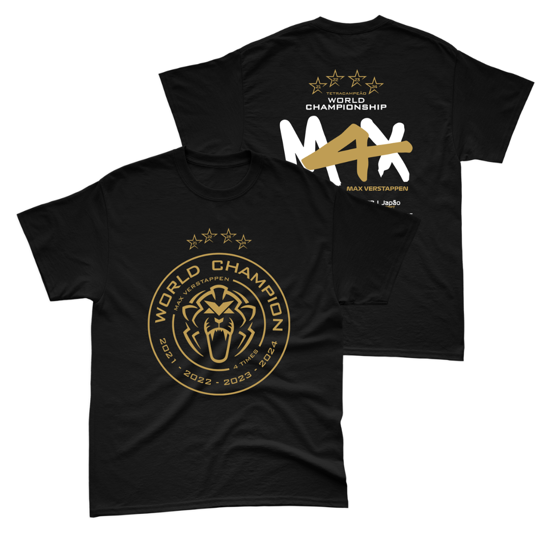 Camiseta Max Verstappen Campeão Mundial 2024 Preta Algodão