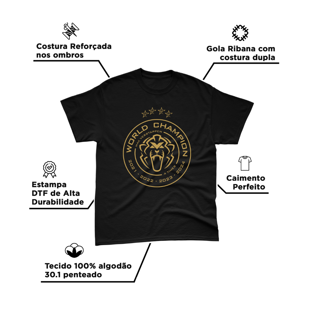 Camiseta Max Verstappen Campeão Mundial 2024 Preta Algodão