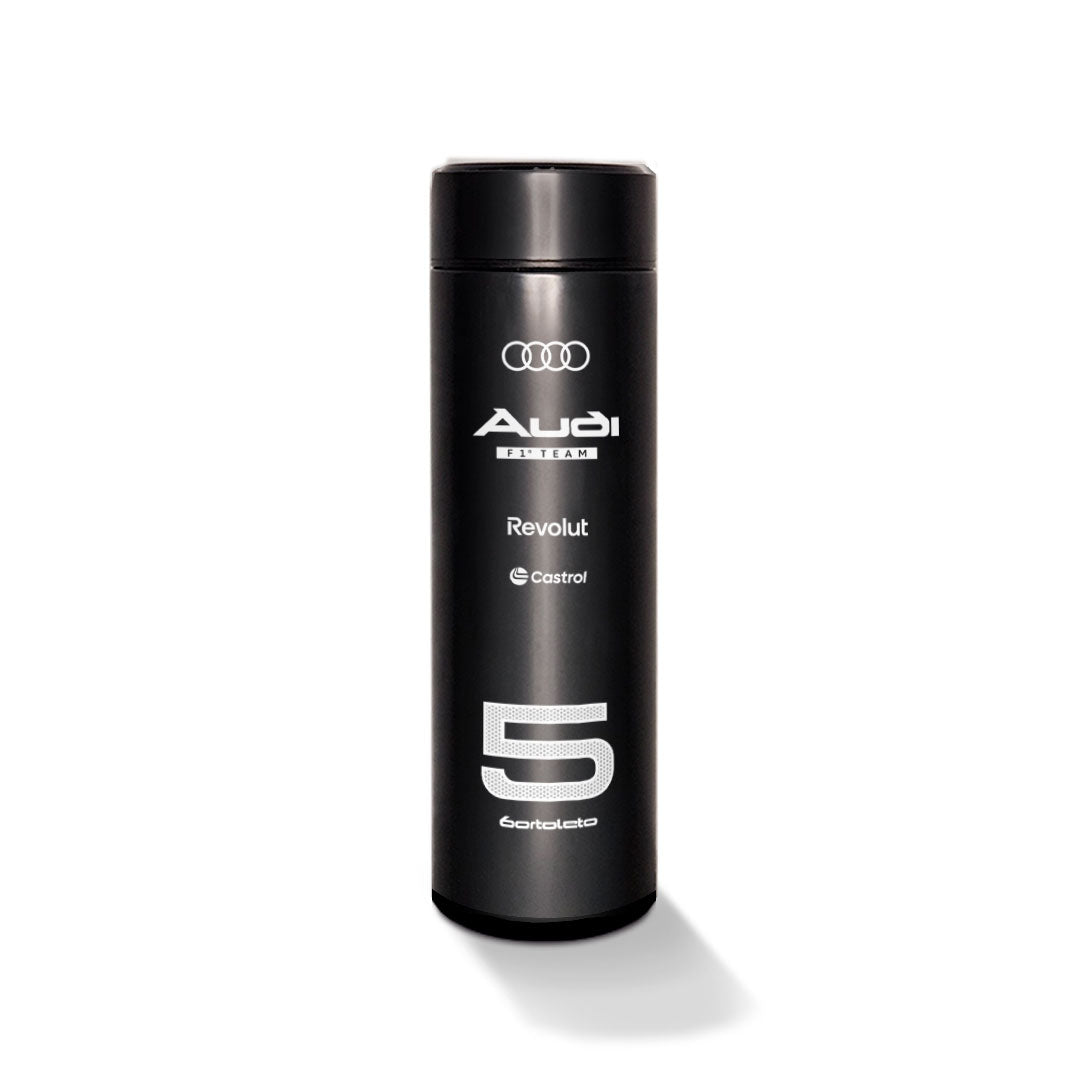 Garrafa térmica preta Audi F1 Team arte branca Bortoleto 5 — frente