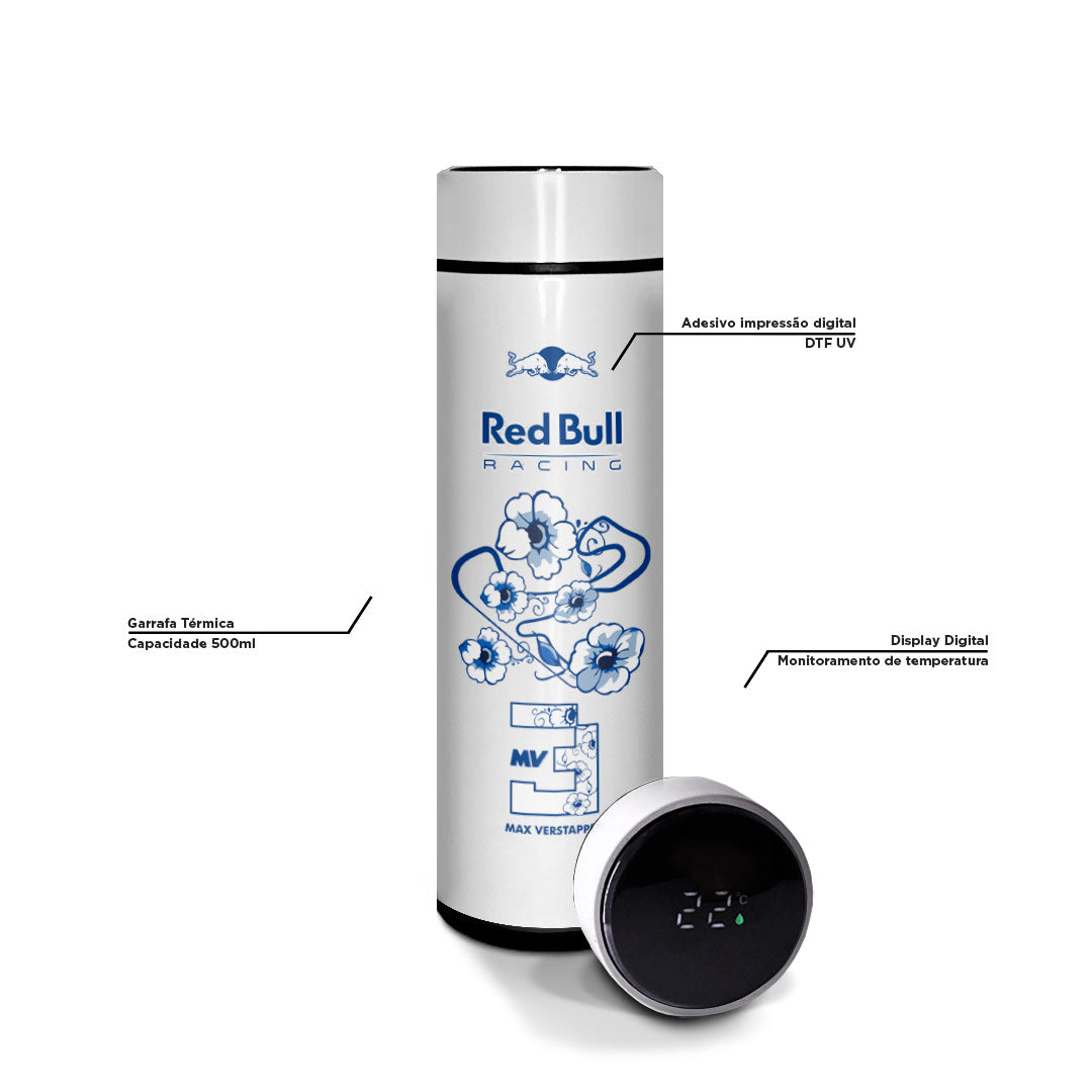 Garrafa térmica branca Red Bull Max Verstappen — especificações e display digital