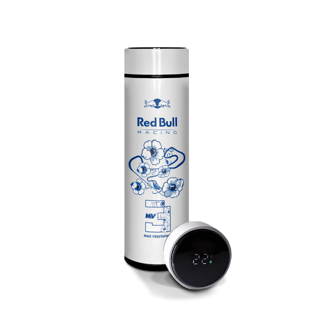 Garrafa térmica branca Red Bull — tampa com display de temperatura