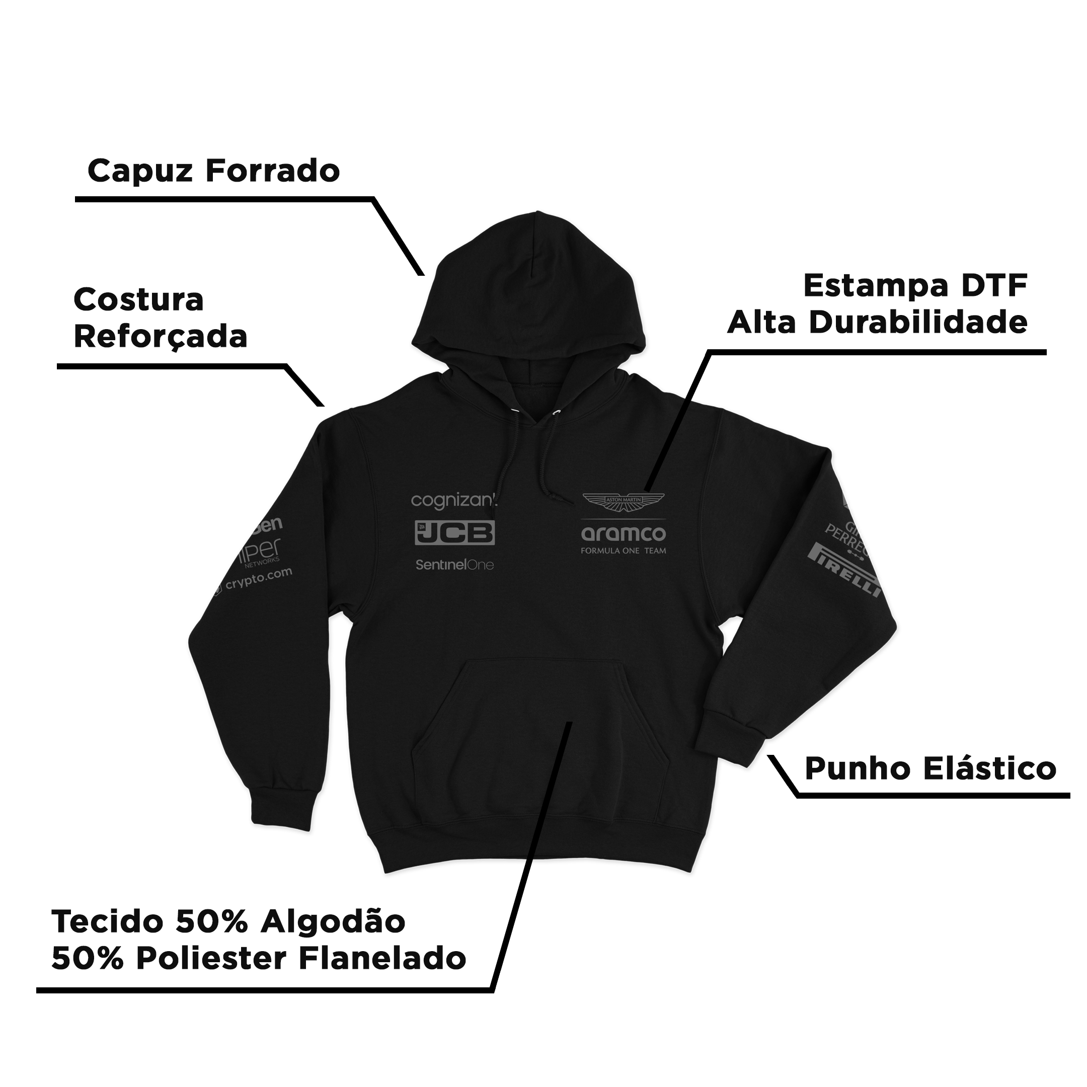 Moletom Canguru Aston Martin All Black 2024 Fernando Alonso