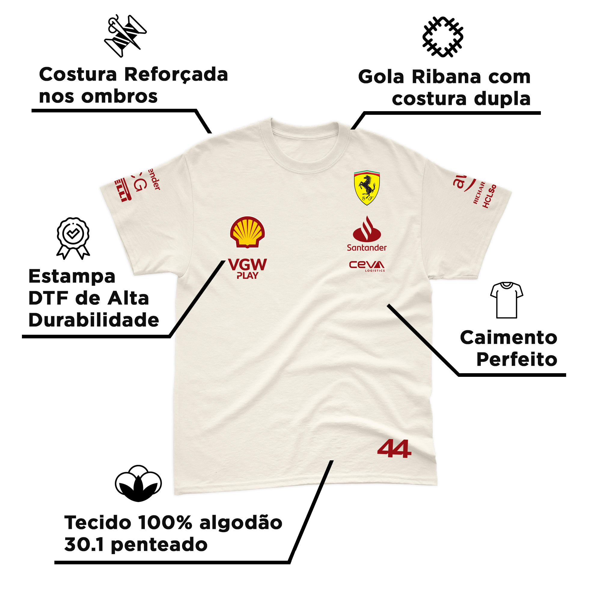Camiseta Algodão Lewis Hamilton Ferrari 2024 Off-White
