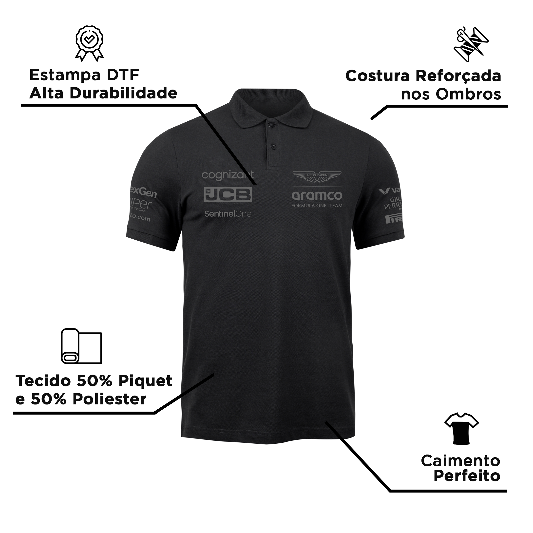 Camisa Polo Fernando Alonso Aston Martin 2024 All Black