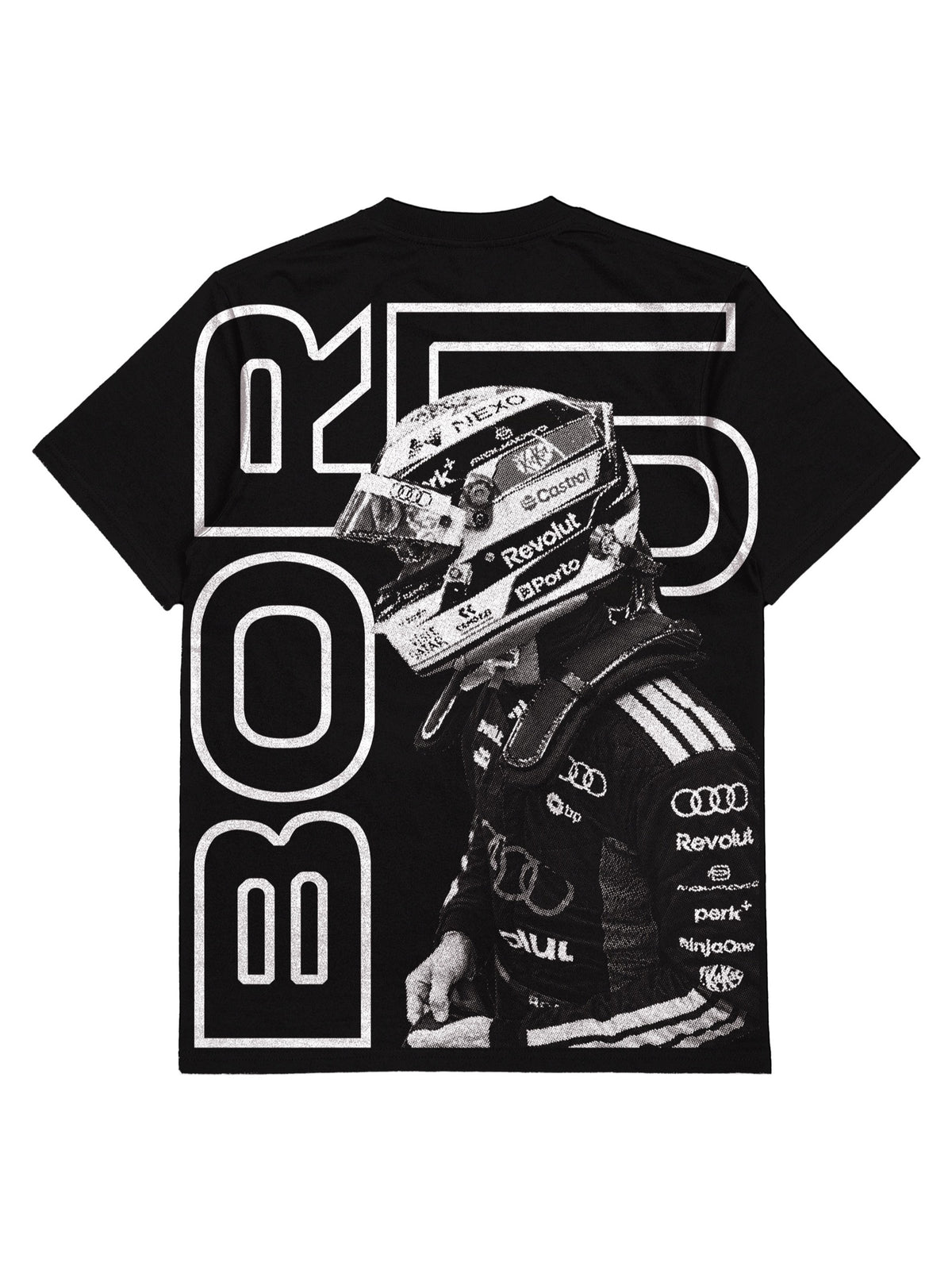 Costas da Camiseta Oversized BOR5 com retrato de Gabriel Bortoleto