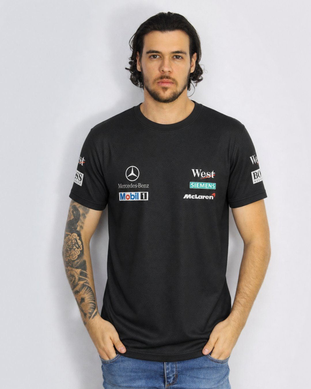 Camiseta DryFit Mclaren West Mercedes Retrô Preta