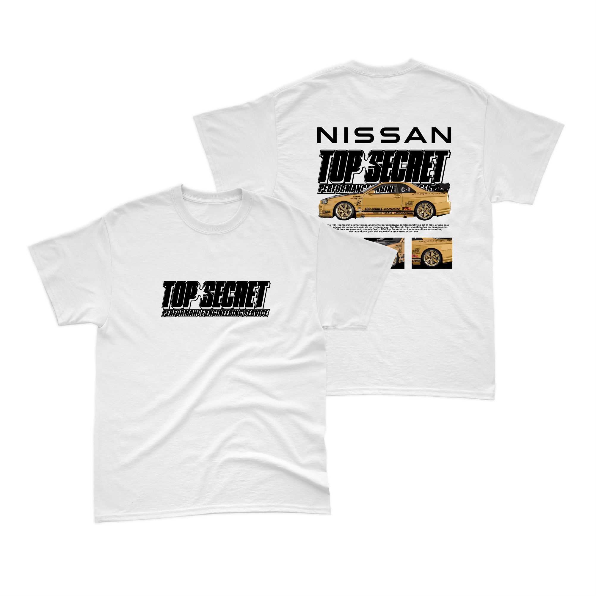 Camiseta Nissan Skyline GT-R R34 TOP SECRET V1 Branca