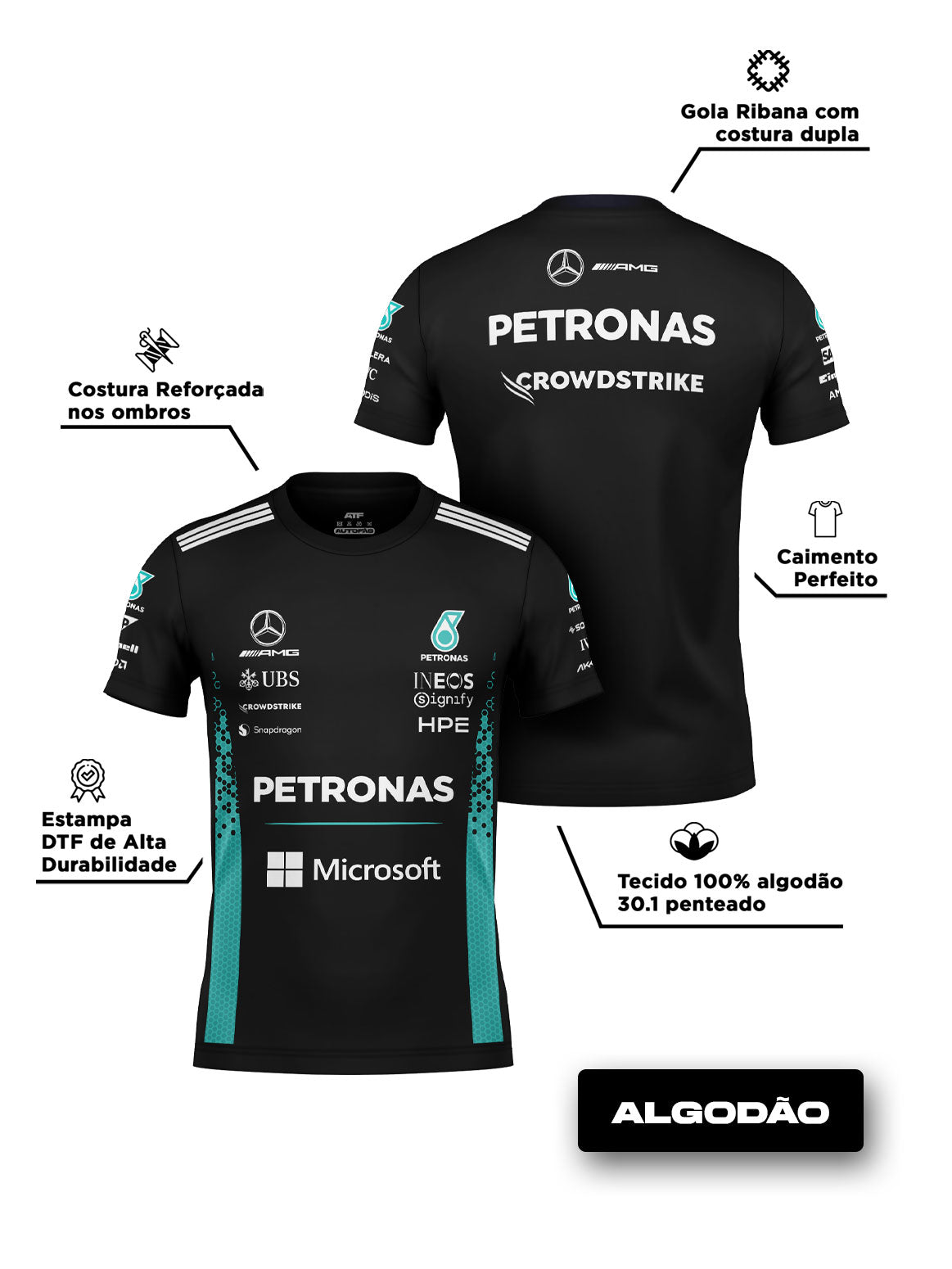 Camiseta Mercedes F1 2026 Preta Algodão