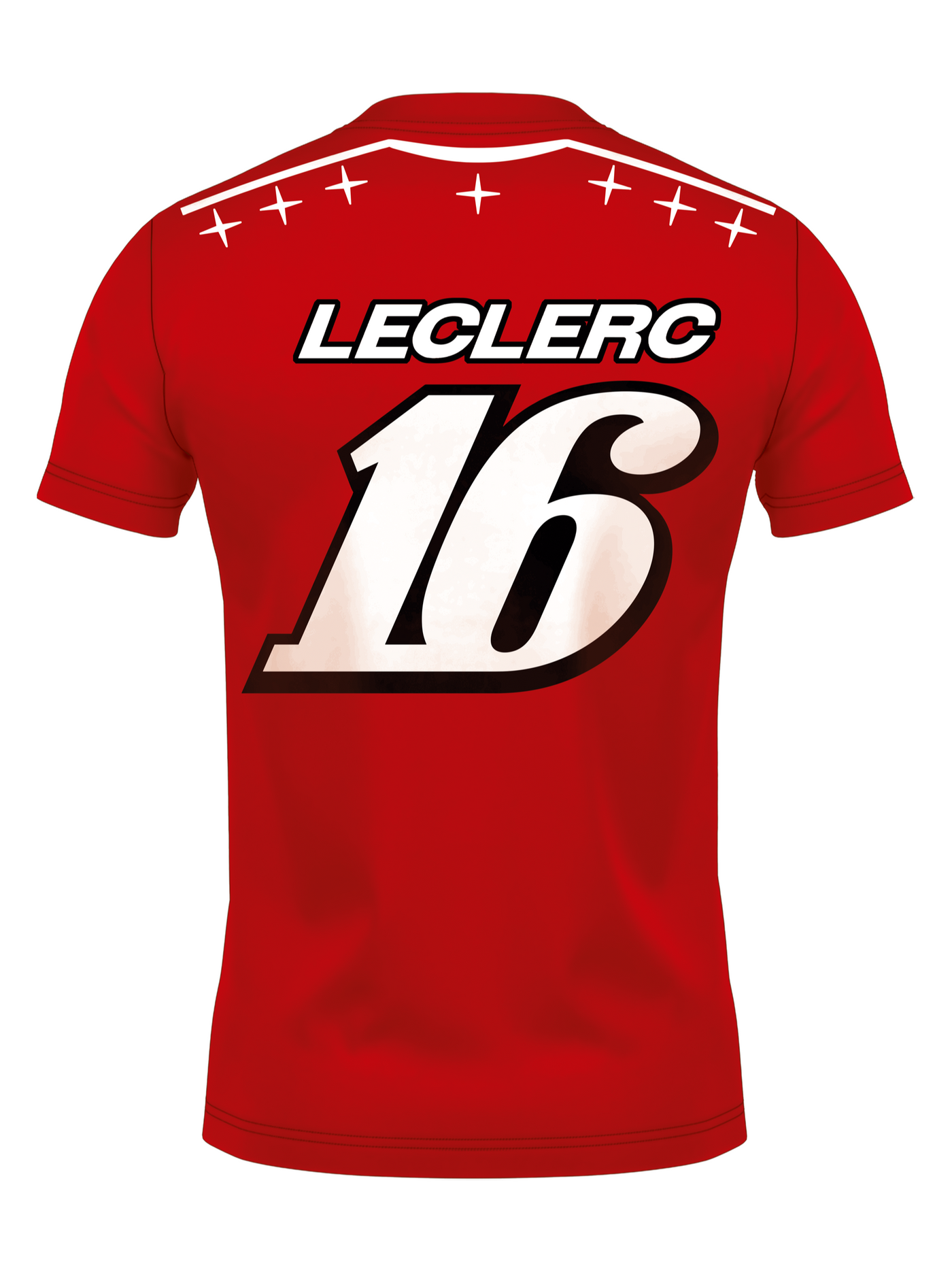 Costas da camiseta com LECLERC e o número 16 em degradê