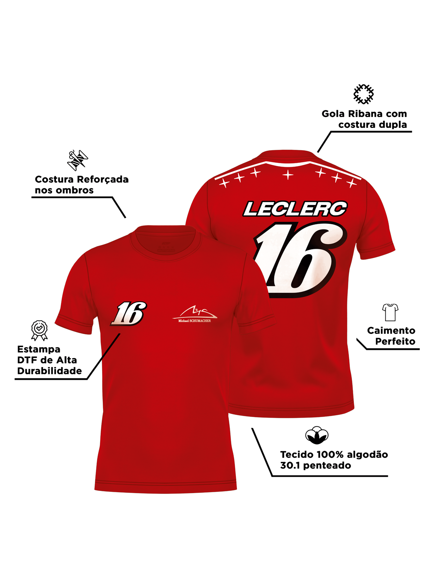 Detalhes técnicos: algodão 30.1 penteado, gola ribana, costura reforçada, estampa DTF