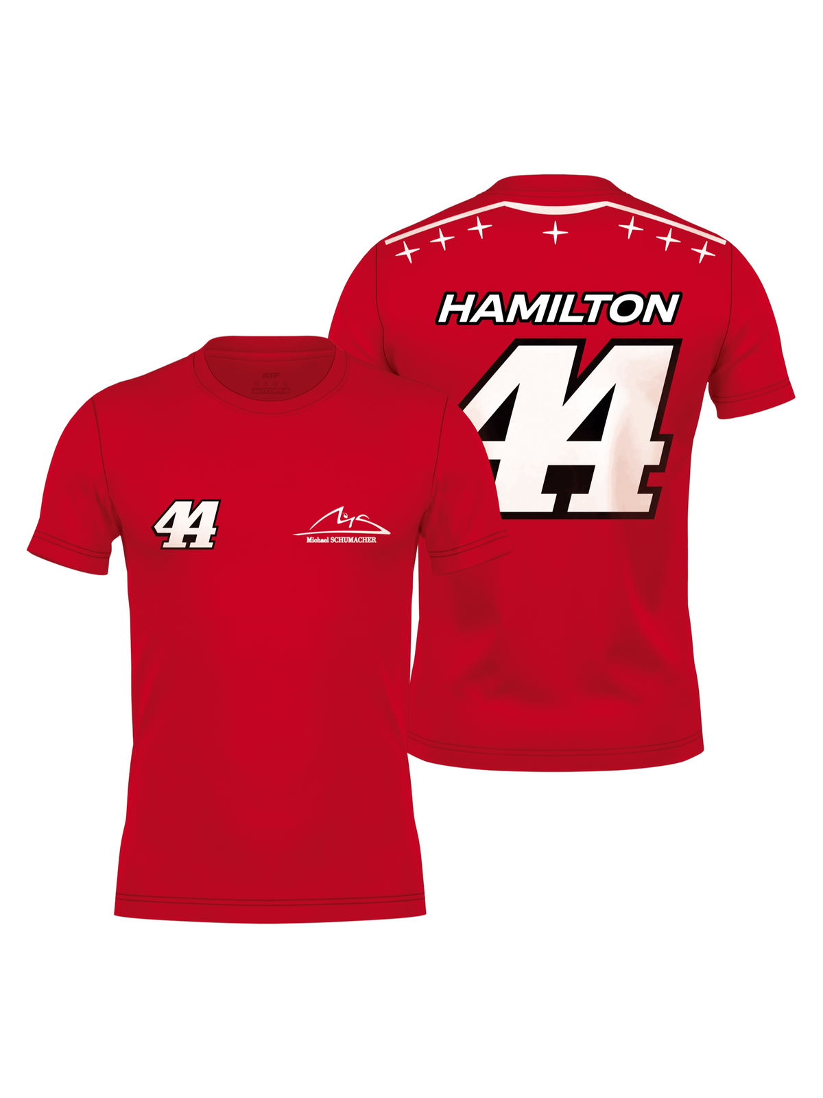 Camiseta vermelha Lewis Hamilton Edição Monza 2026, frente e costas
