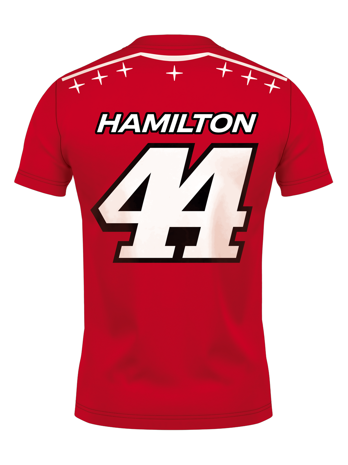 Costas da camiseta com HAMILTON e o número 44 em degradê