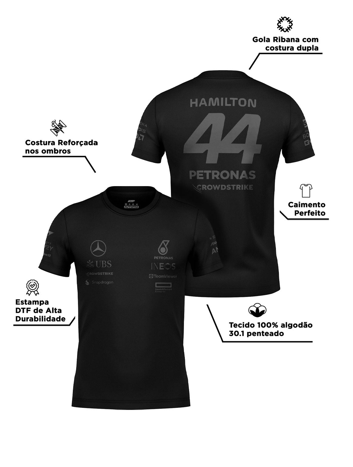 Camiseta Algodão Lewis Hamilton Mercedes 2024 All Black