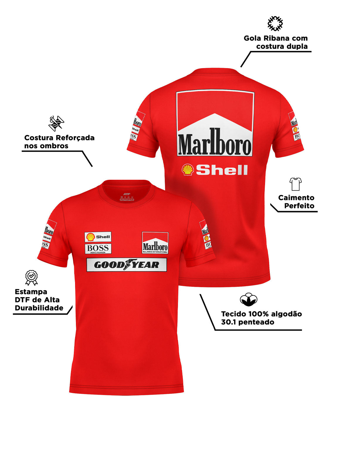 Camiseta Algodão Mclaren Marlboro Retrô anos 90 Vermelha