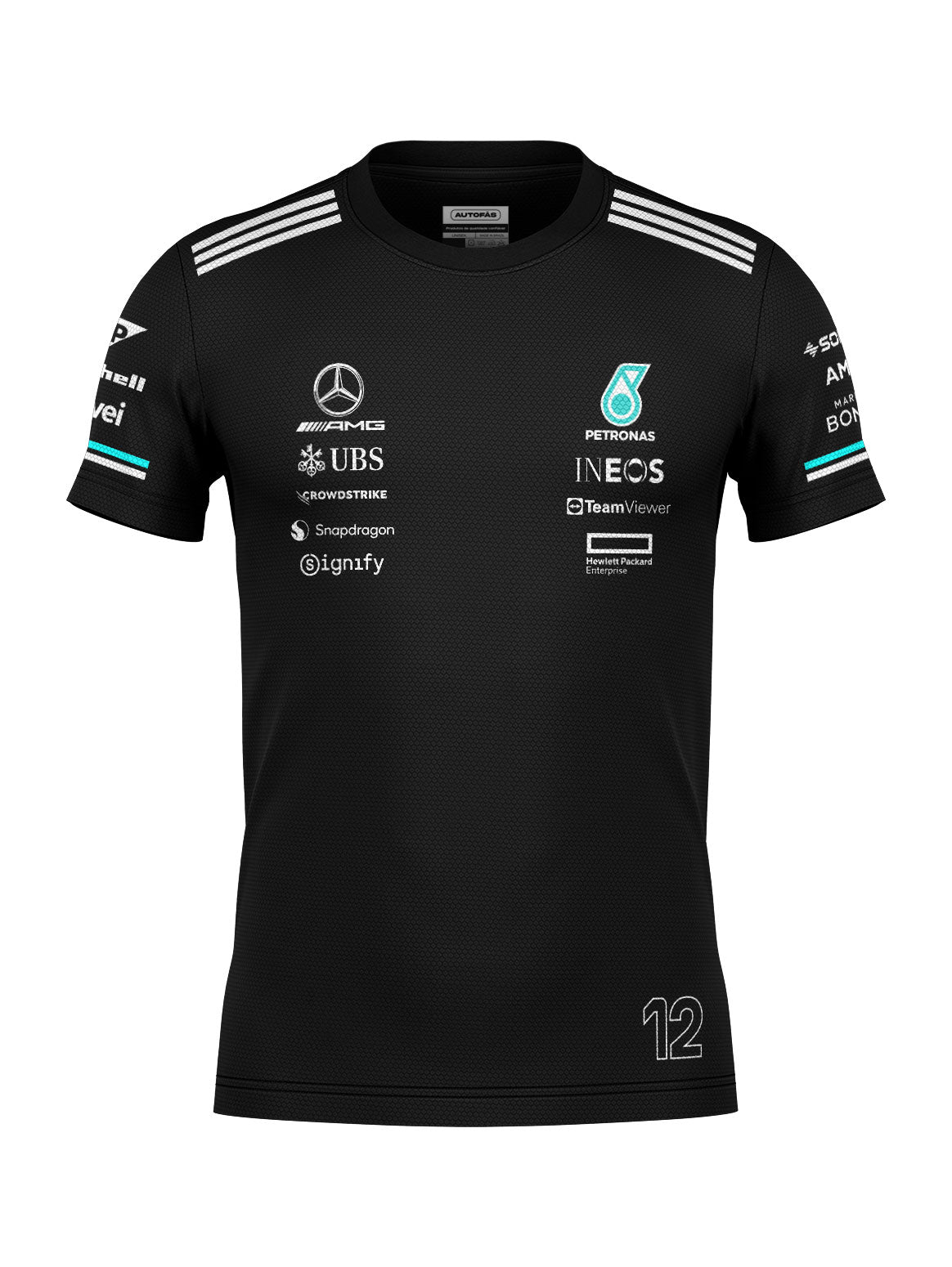 Frente da camiseta dryfit preta com o traçado de patrocínio no peito