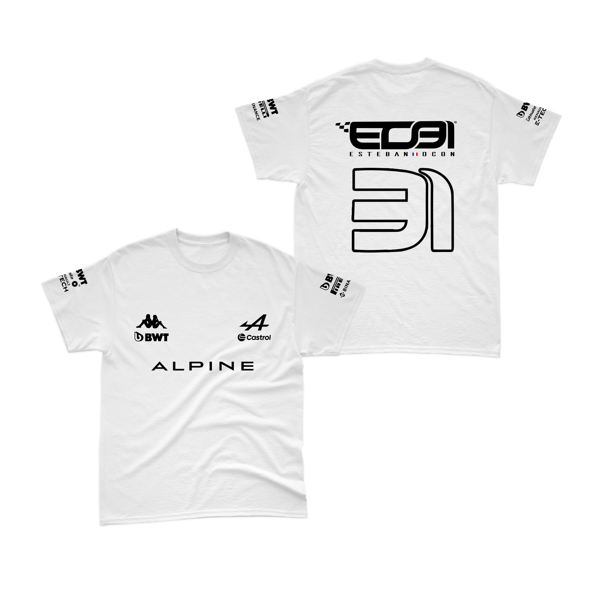 Camiseta Algodão Estaban Ocon Alpine F1 2024 Branca