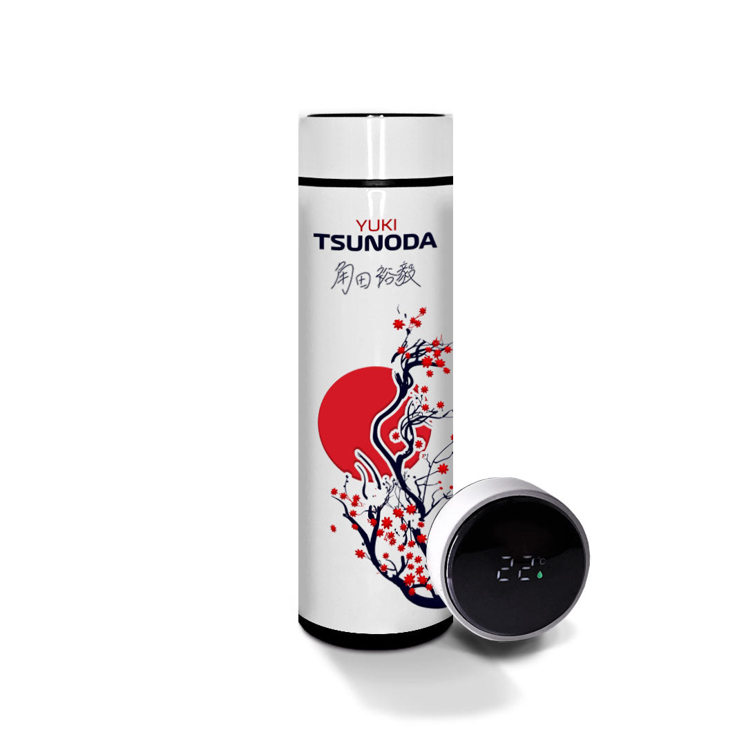 Garrafa térmica branca Yuki Tsunoda — tampa com display de temperatura
