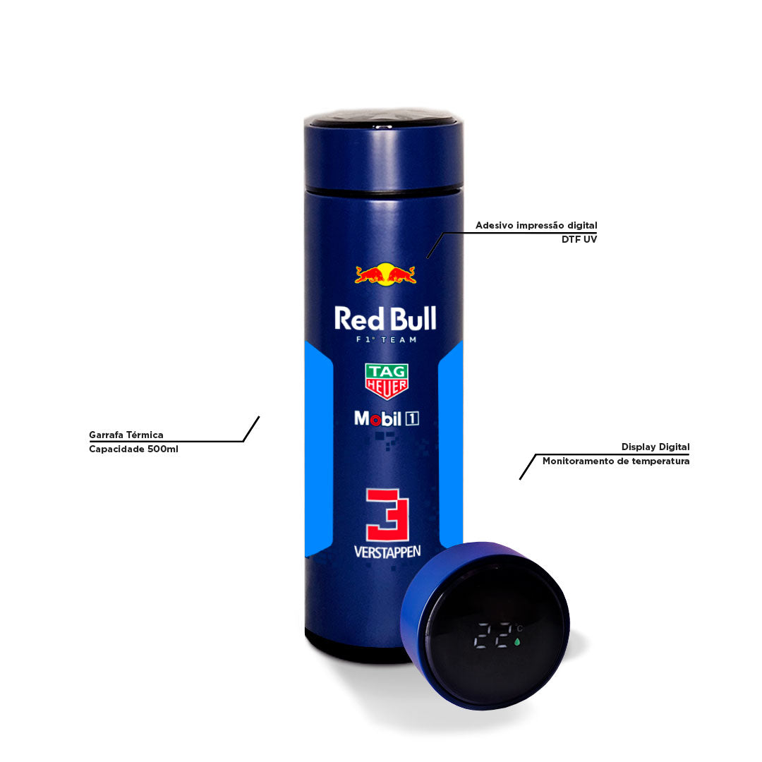 Garrafa térmica azul Red Bull Max Verstappen — especificações e display digital