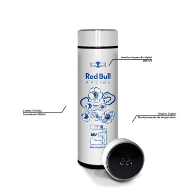 Garrafa térmica branca Red Bull Max Verstappen — especificações e display digital