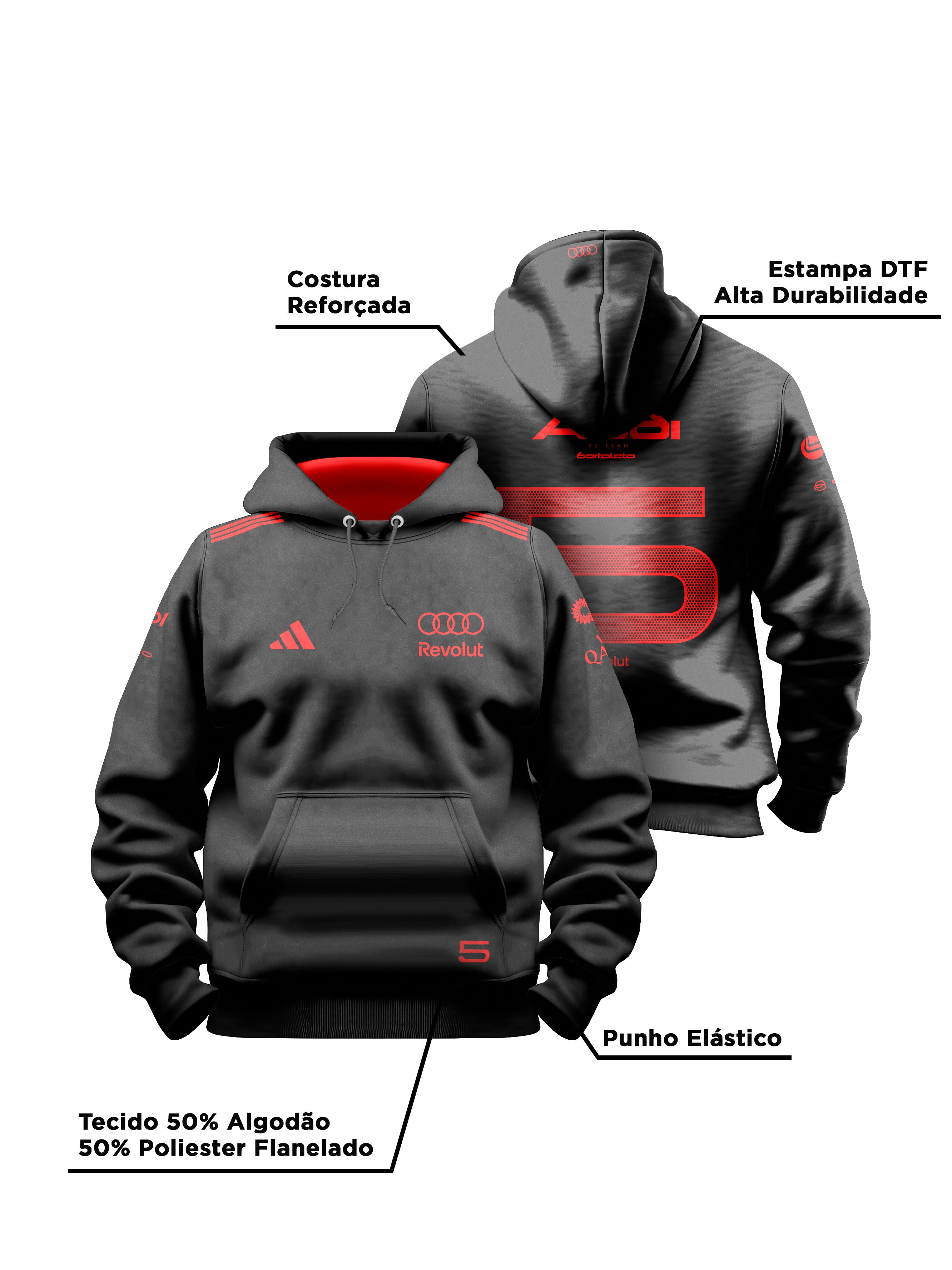 Moletom Canguru Gabriel Bortoleto Red&Black Audi F1 2026 Preto