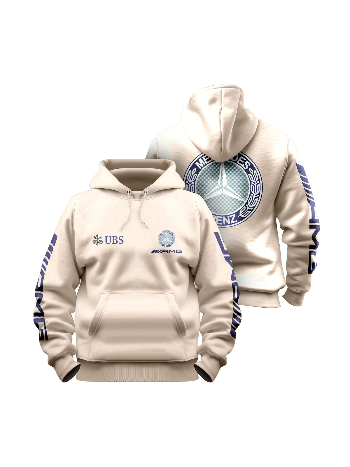 Moletom Canguru Mercedes AMG Retrô Logo Azul com Off White