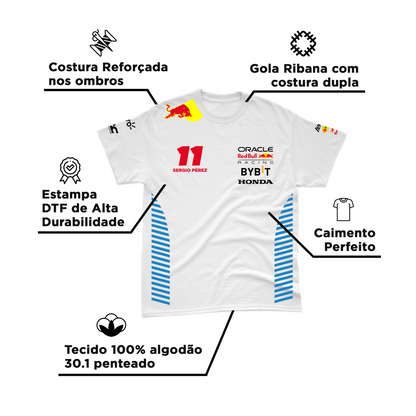 Camiseta Algodão Sergio Perez Red Bull Racing 2024 Branca