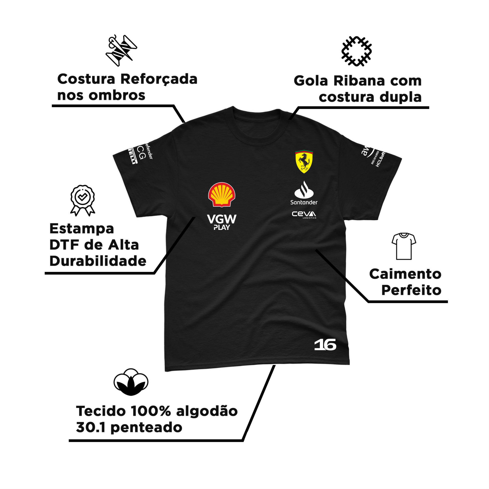 Camiseta Algodão Charles Leclerc Ferrari 2024 Preta