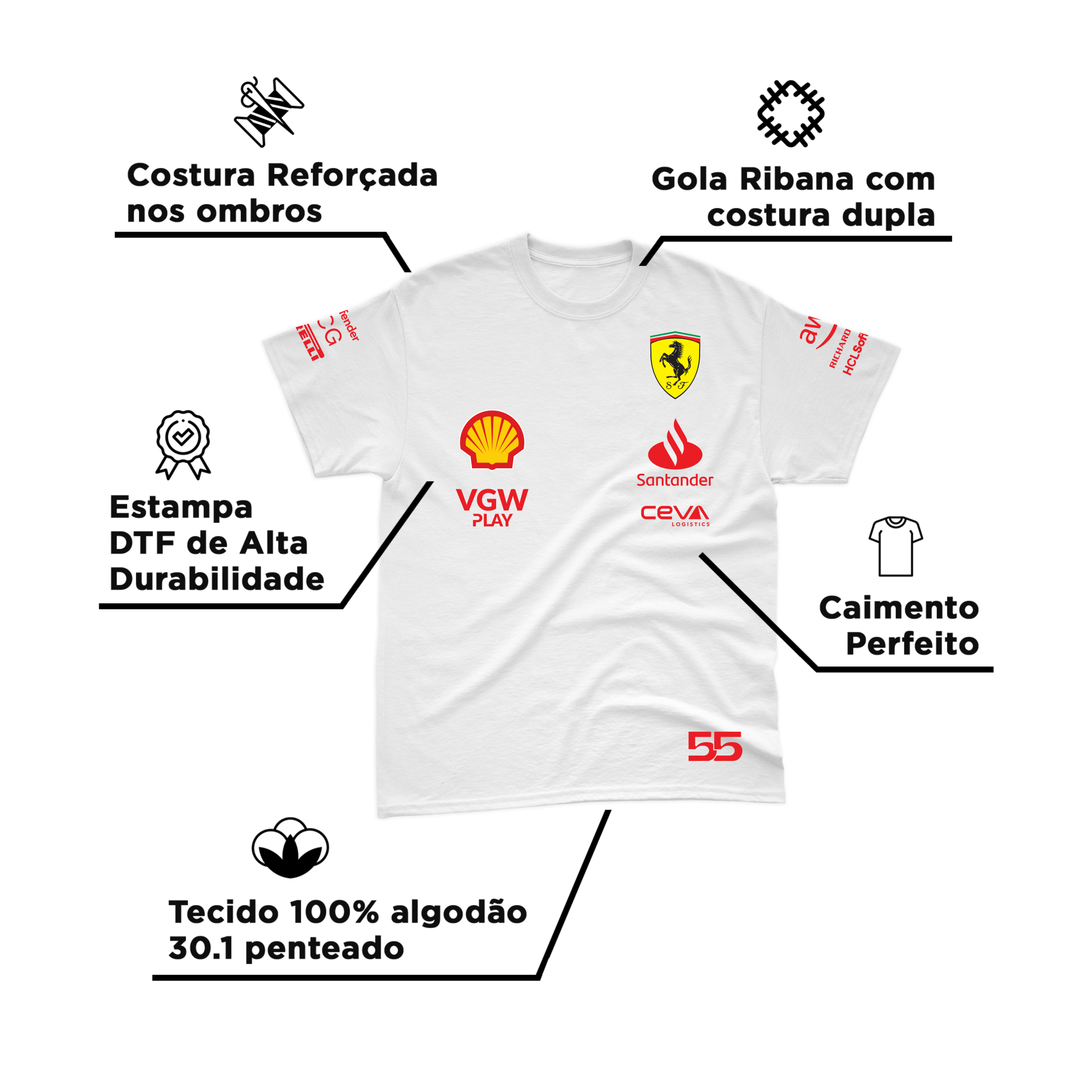 Camiseta Algodão Carlos Sainz Ferrari 2024 Branca