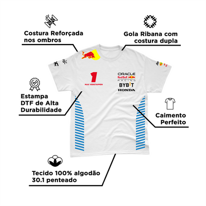 Camiseta Algodão Max Verstappen Red Bull Racing 2024 Branca