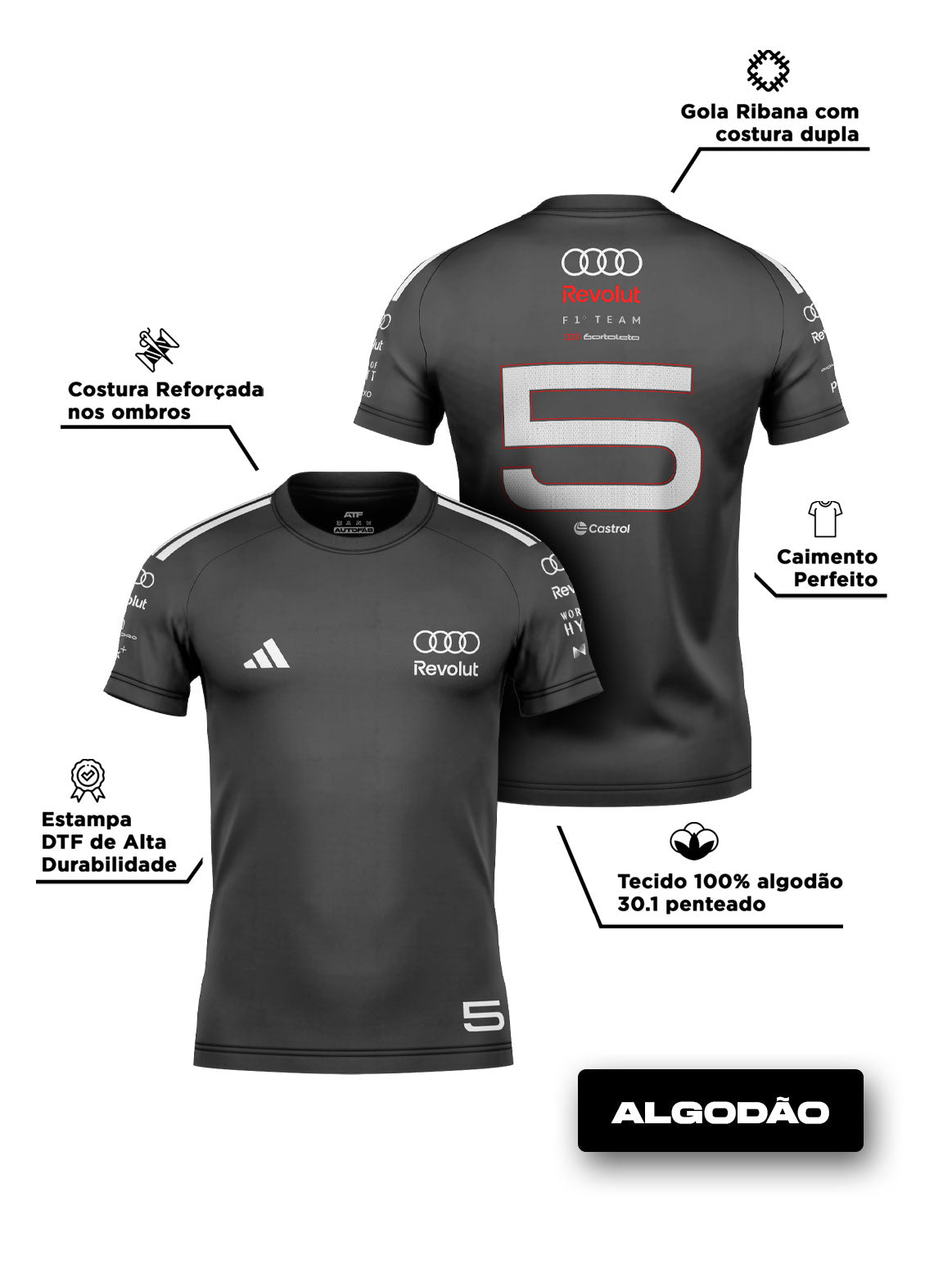 Camiseta Audi Bortoleto 2026 Algodão Cinza Raglan
