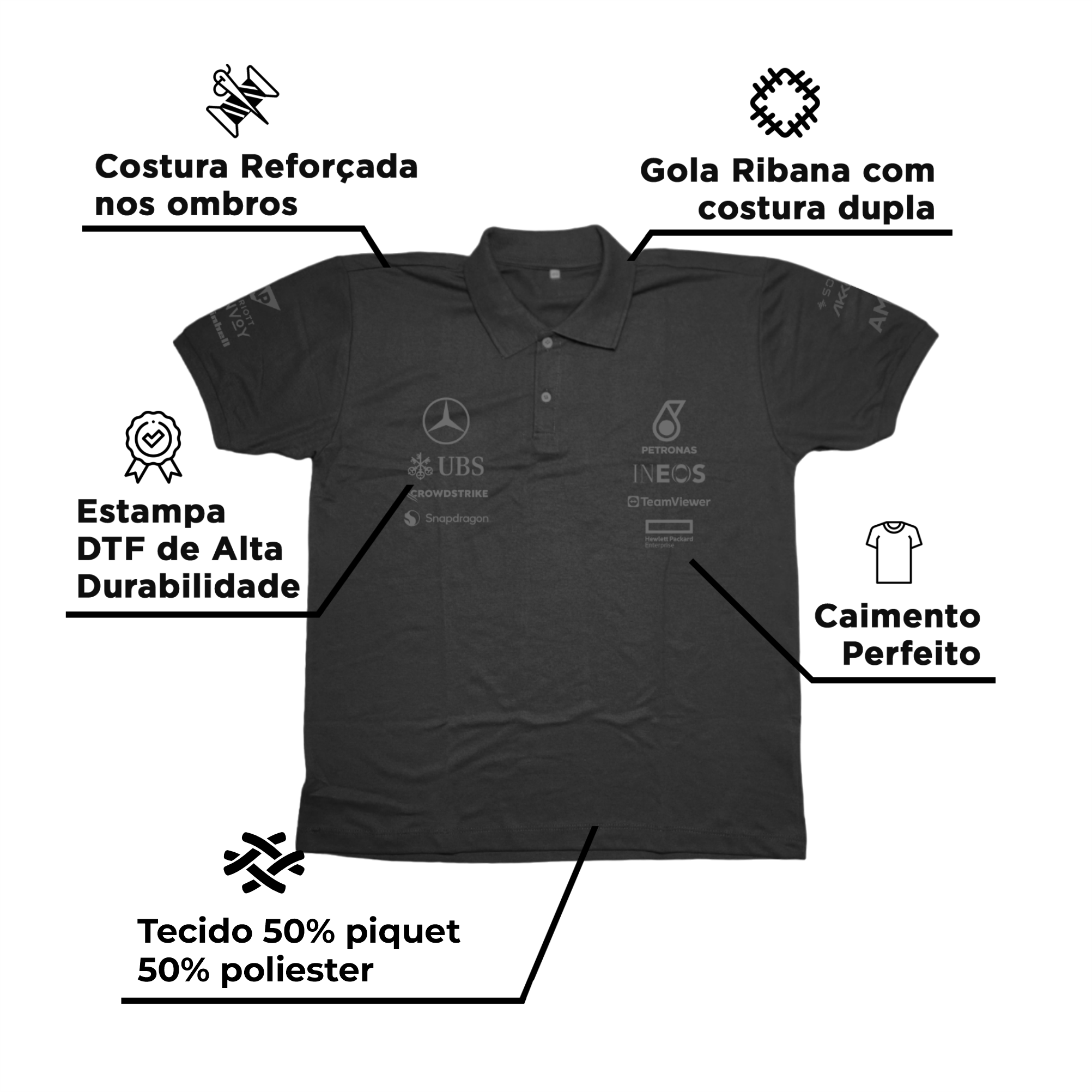 Camisa Polo George Russell Mercedes 2024 All Black