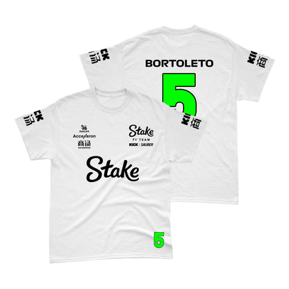 Camiseta Gabriel Bortoleto Stake Sauber 2024 Branca 100% Algodão