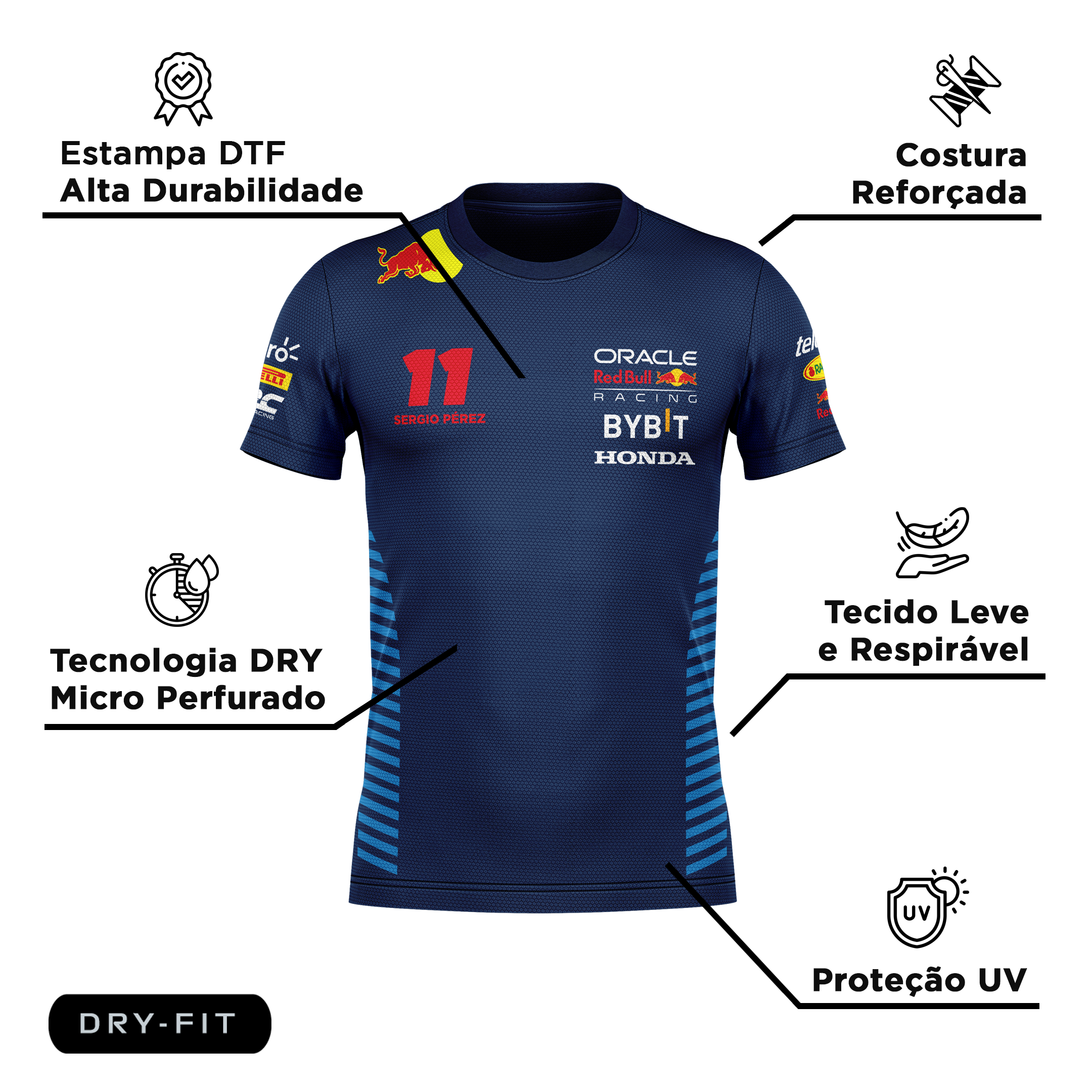 Camiseta DryFit Sergio Pérez Red Bull Racing 2024 Azul Marinho