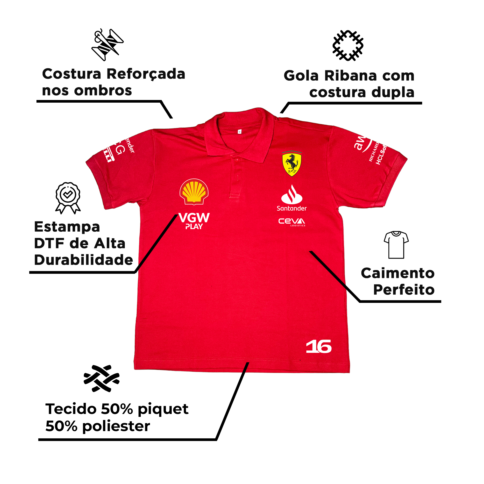 Camisa Polo Charles Leclerc Ferrari 2024 Vermelha