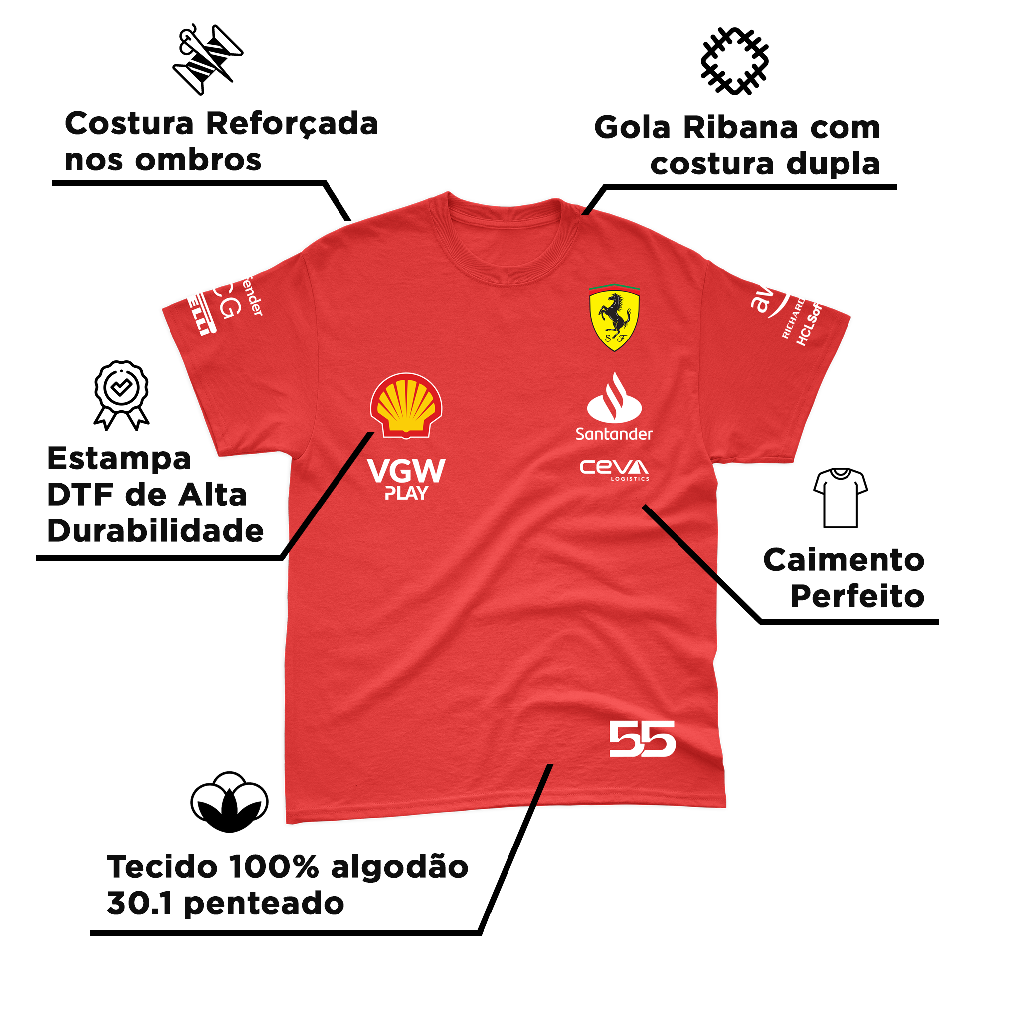 Camiseta Algodão Carlos Sainz Ferrari 2024 Vermelha