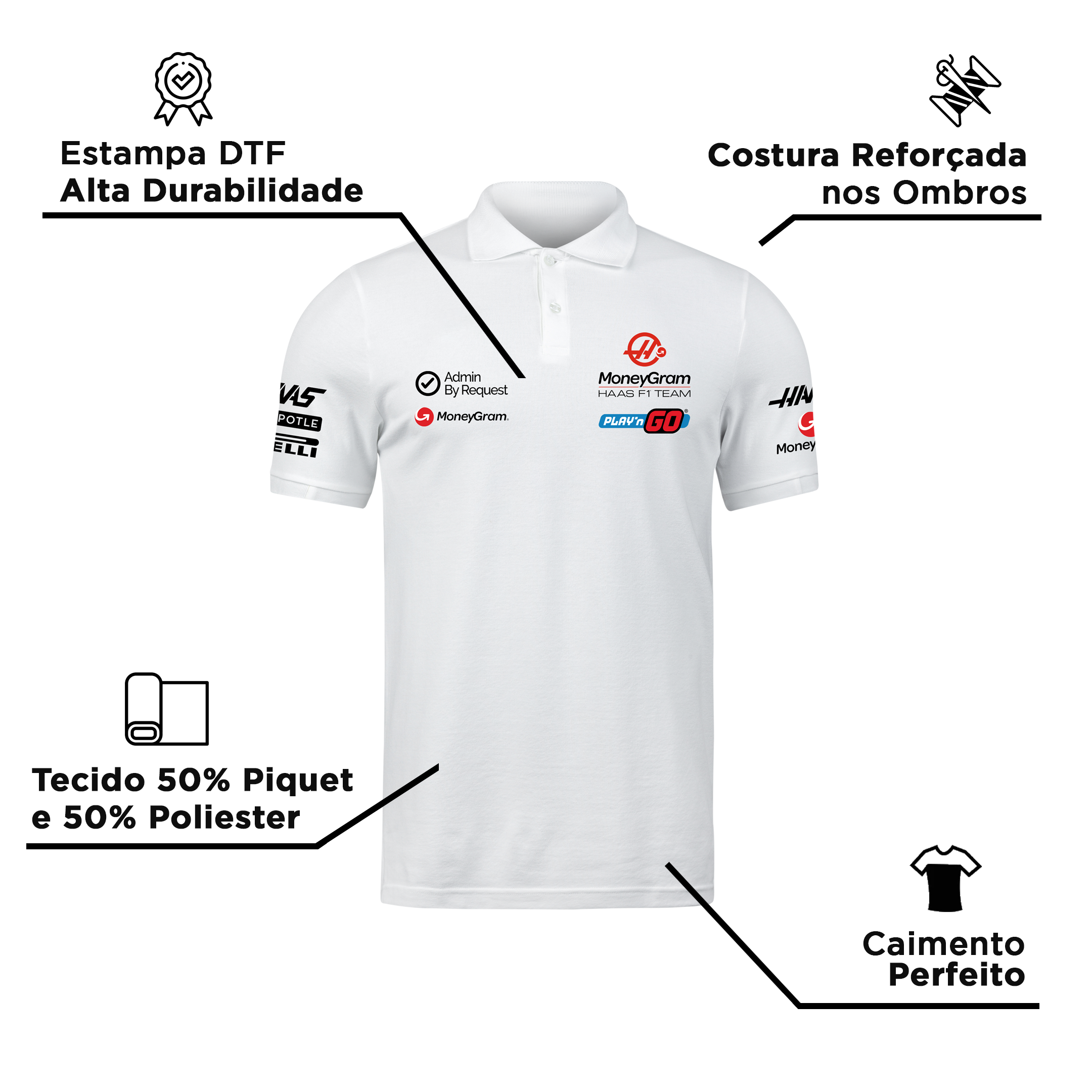 Camisa Polo Kevin Magnussen Haas F1 2024 Branca