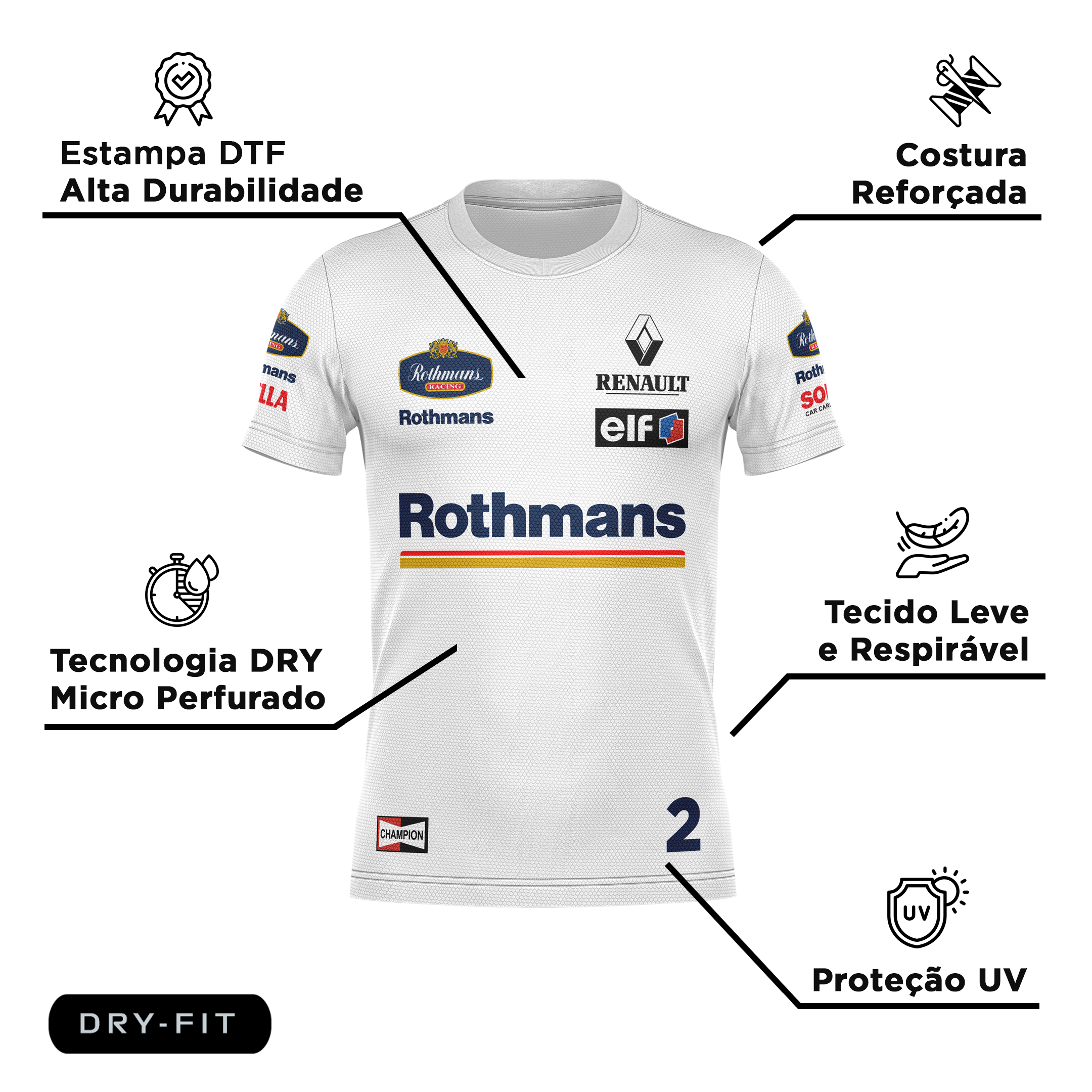 Camiseta DryFit Williams Retrô Rothmans Racing Branco