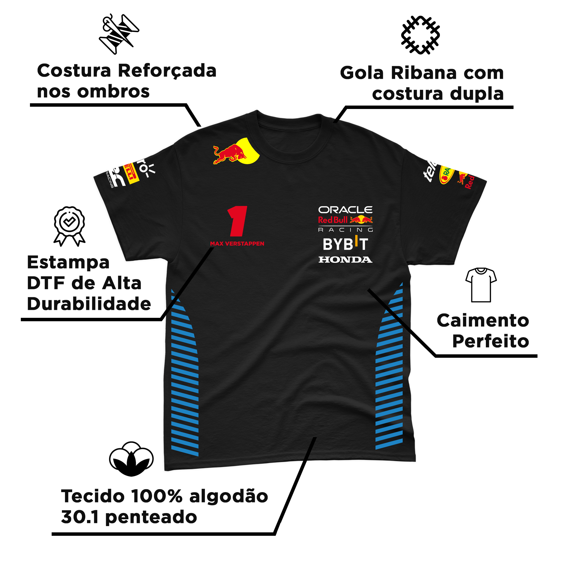 Camiseta Algodão Max Verstappen Red Bull Racing 2024 Preta