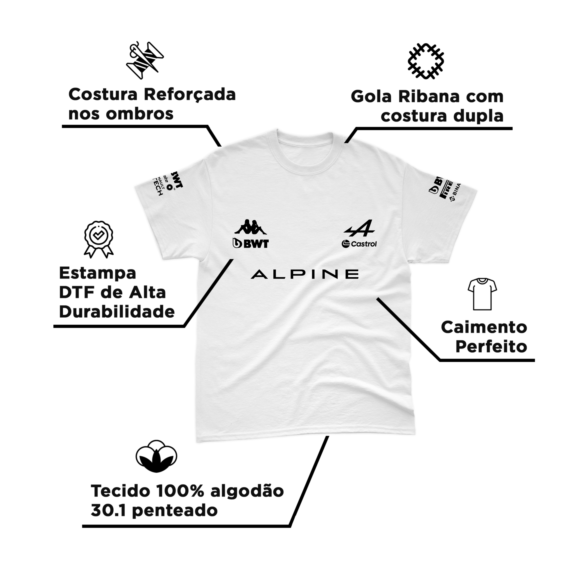 Camiseta Algodão Pierre Gasly Alpine F1 2024 Branca