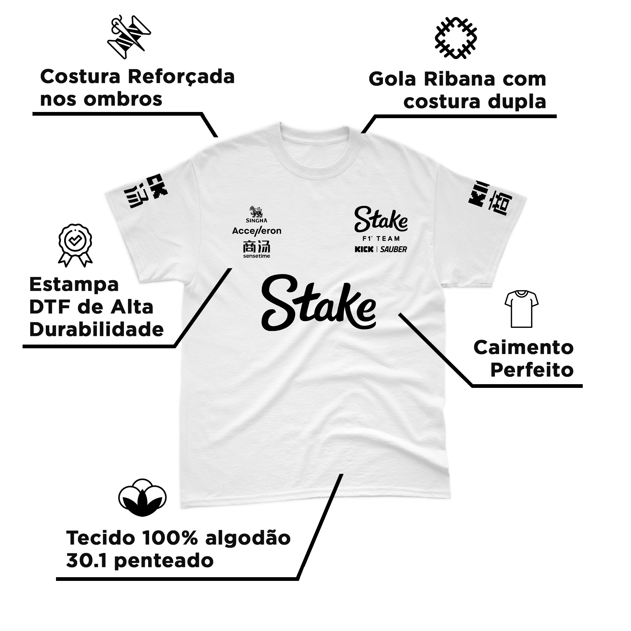 Camiseta Gabriel Bortoleto Stake Sauber 2024 Branca 100% Algodão