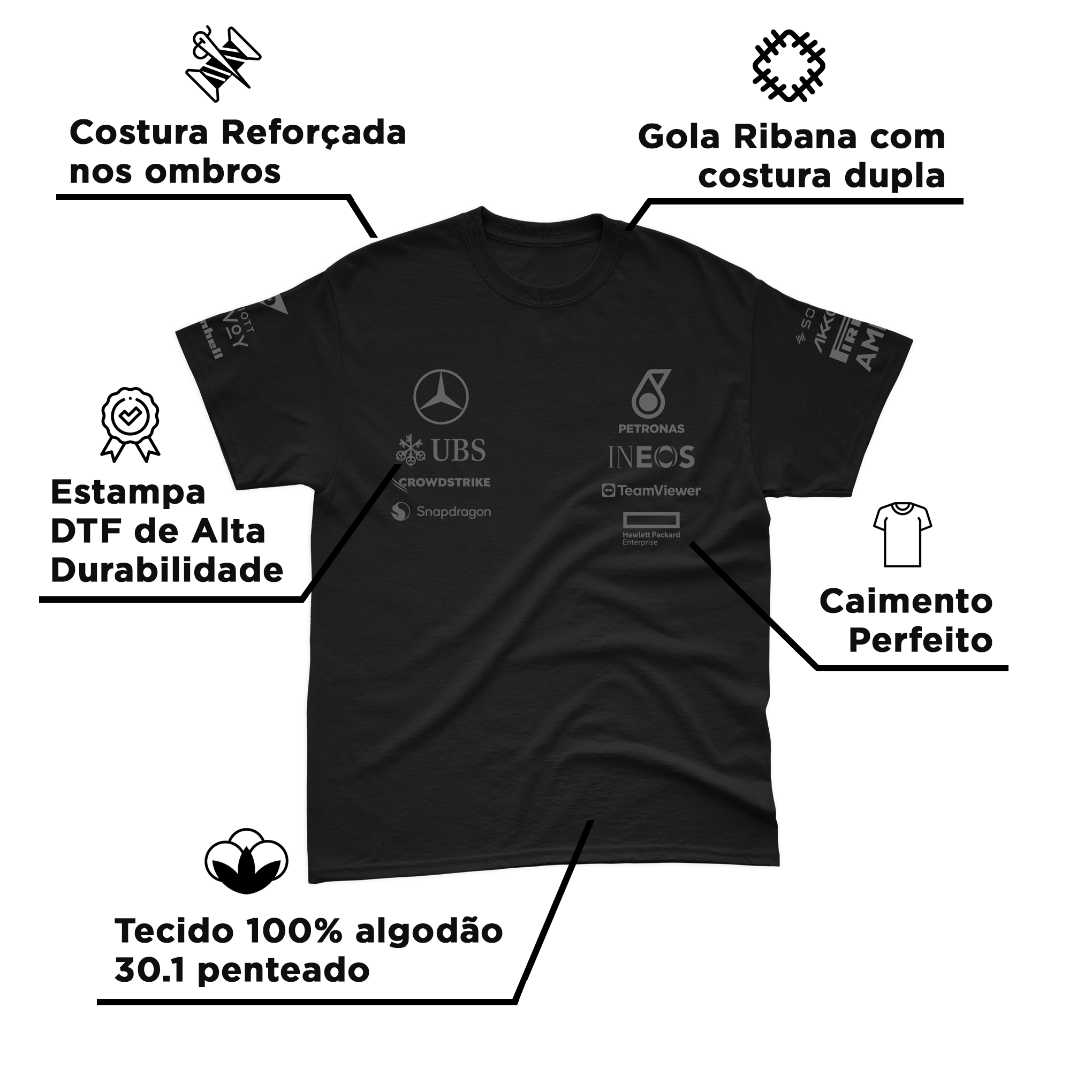 Camiseta Algodão Lewis Hamilton Mercedes 2024 All Black