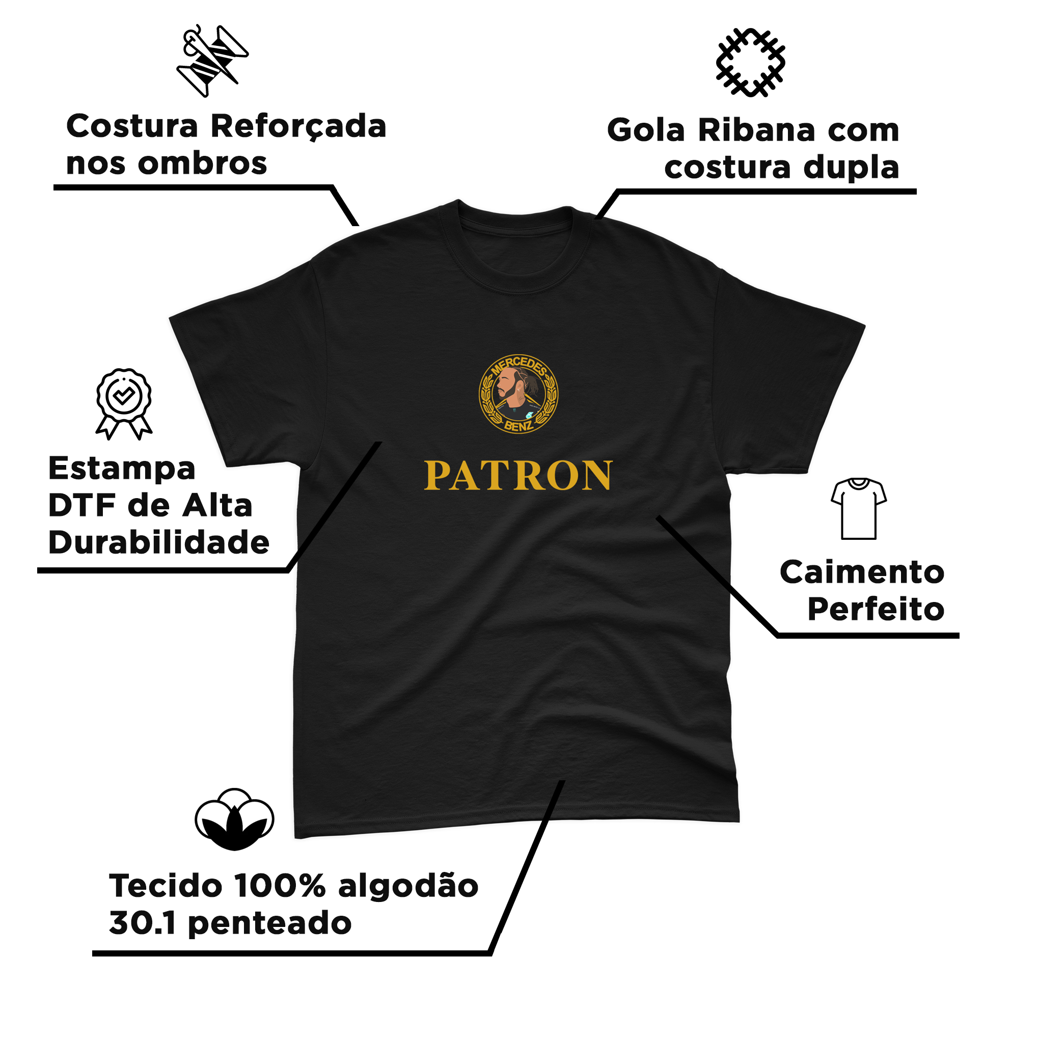 Camiseta Lewis Hamilton Patron Preta e Dourada Algodão