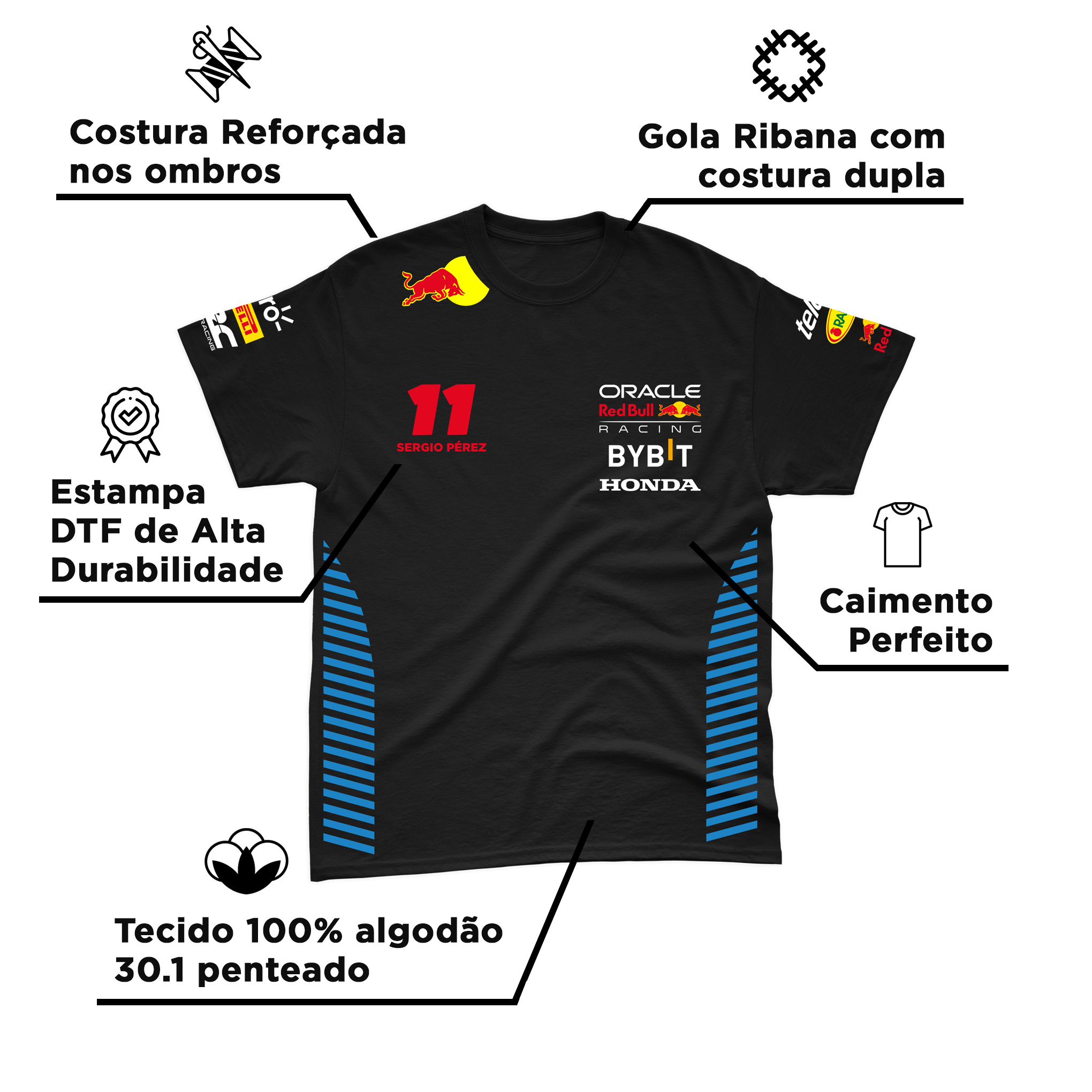 Camiseta Algodão Sergio Perez Red Bull Racing 2024 Preta