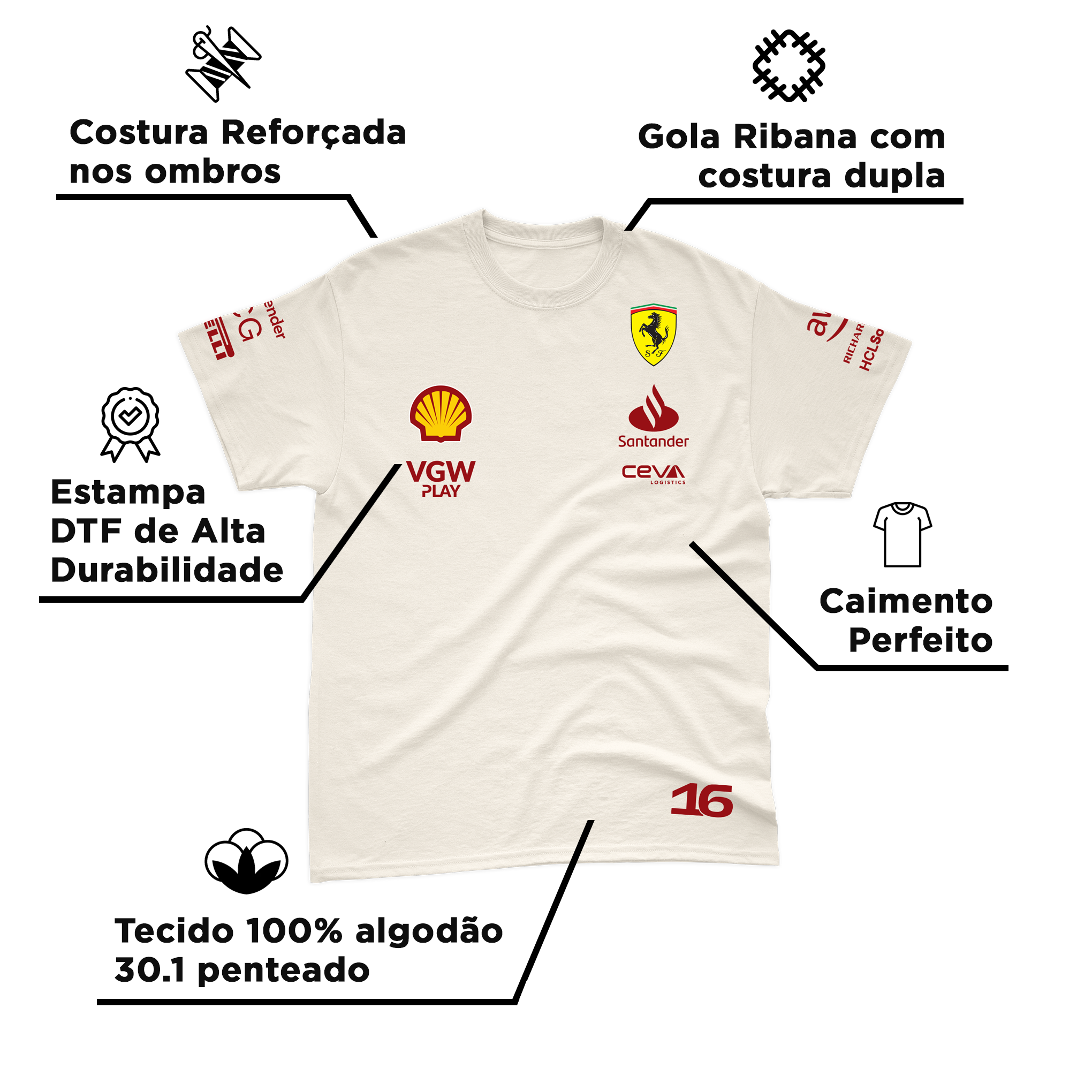 Camiseta Algodão Charles Leclerc Ferrari 2024 Off-White