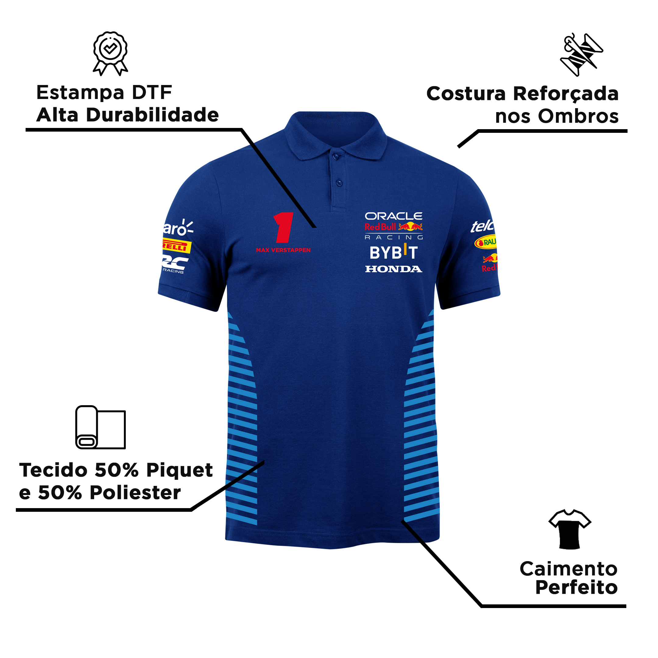 Camisa Polo Max Verstappen Red Bull Racing 2024 Azul Mrinho