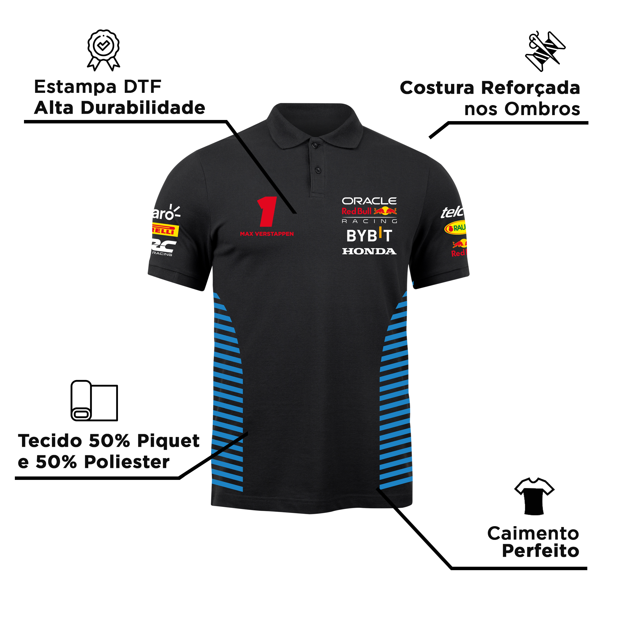 Camisa Polo Max Verstappen Red Bull Racing 2024 Preta