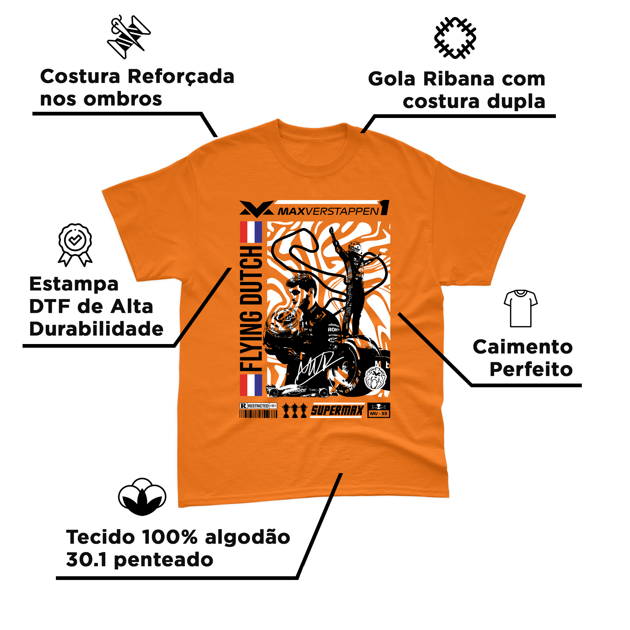 Camiseta Algodão Max Verstappen Flying Dutch Laranja V2