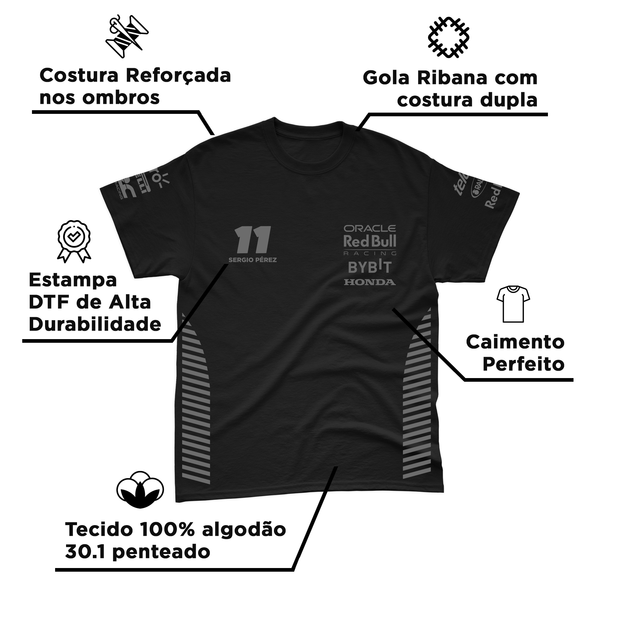 Camiseta Algodão Sergio Perez Red Bull Racing 2024 All Black