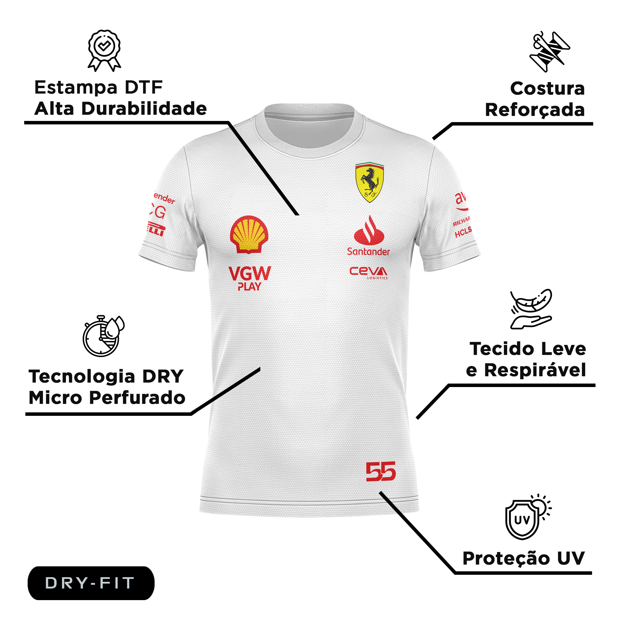 Camiseta DryFit Carlos Sainz Scuderia Ferrari 2024 Branca